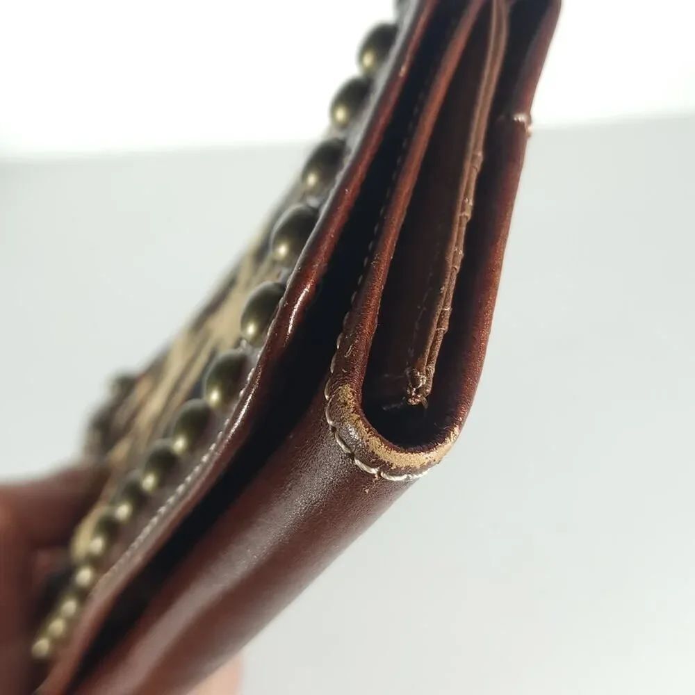 American West Leather Cowhide Leopard Print Studded Zipper Trifold Wallet - Picture 11 of 14